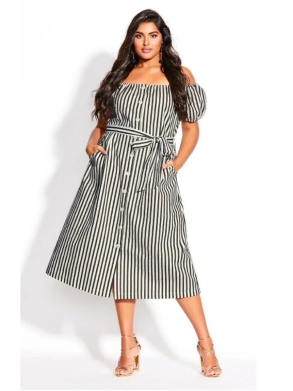 City Chic Remix Linen Blend Midi Button Front Belted Dress